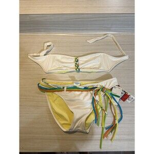 Vintage Lucky Brand White Multi Colored Womens Bikini Top & Bottom Women’s Sz Lg
